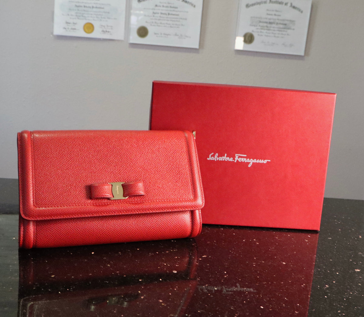 Salvatore Ferragamo Red Textured Leather Vara Crossbody Purse