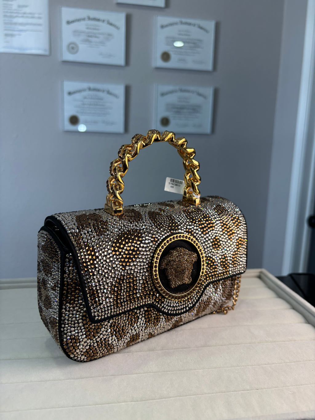 Versace La Medusa Crystal-Embellished Leopard Print Top Handle Bag