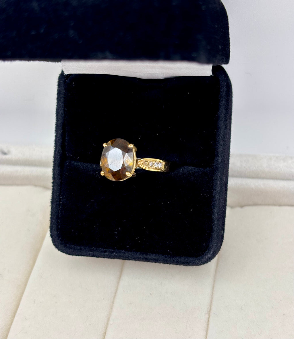 18k Yellow Gold Oval Yellow Stone Cathedral Ring