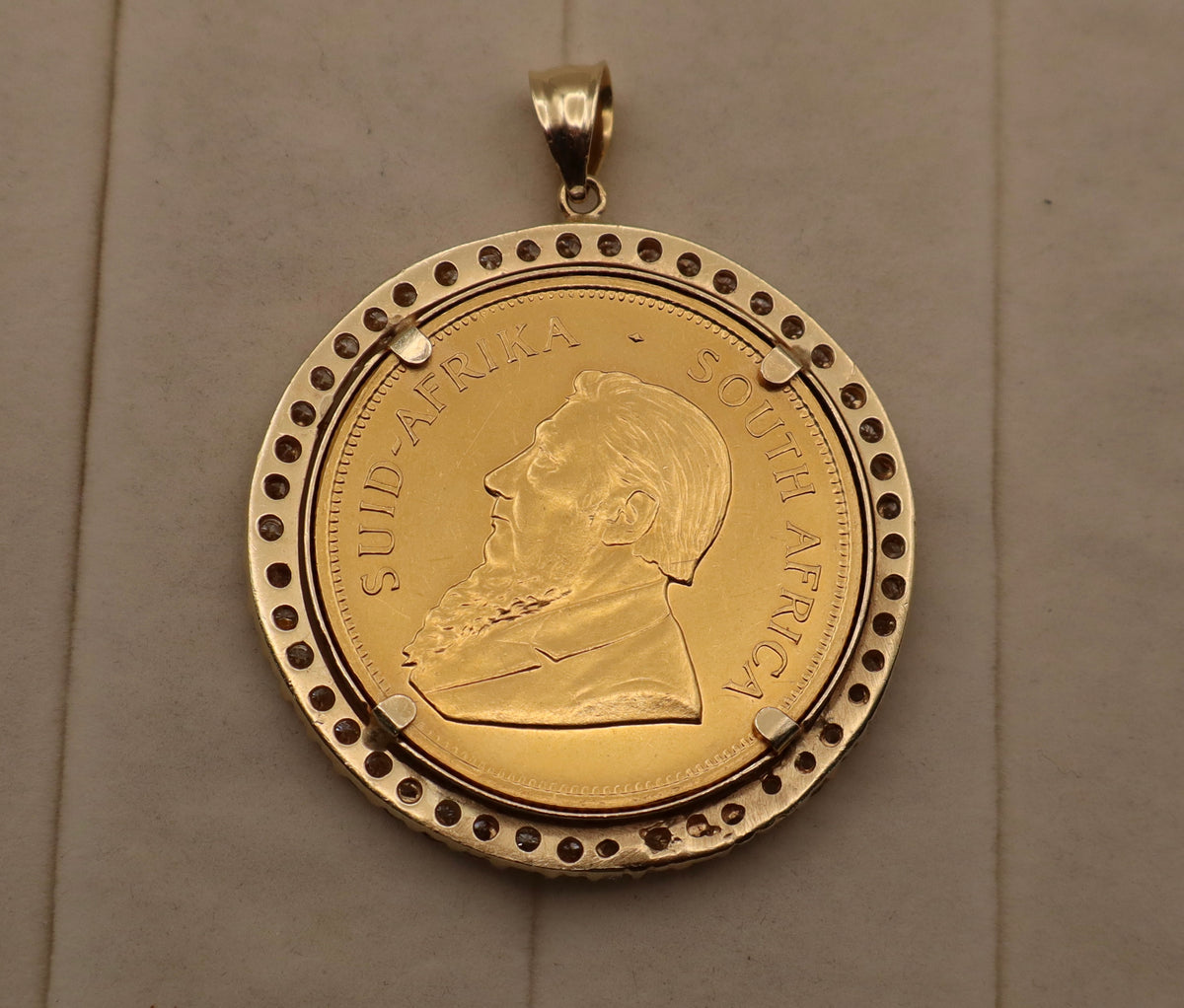 1978 1 oz Krugerrand Gold Coin Pendant in 14k Yellow Gold Accent Diamond Bezel