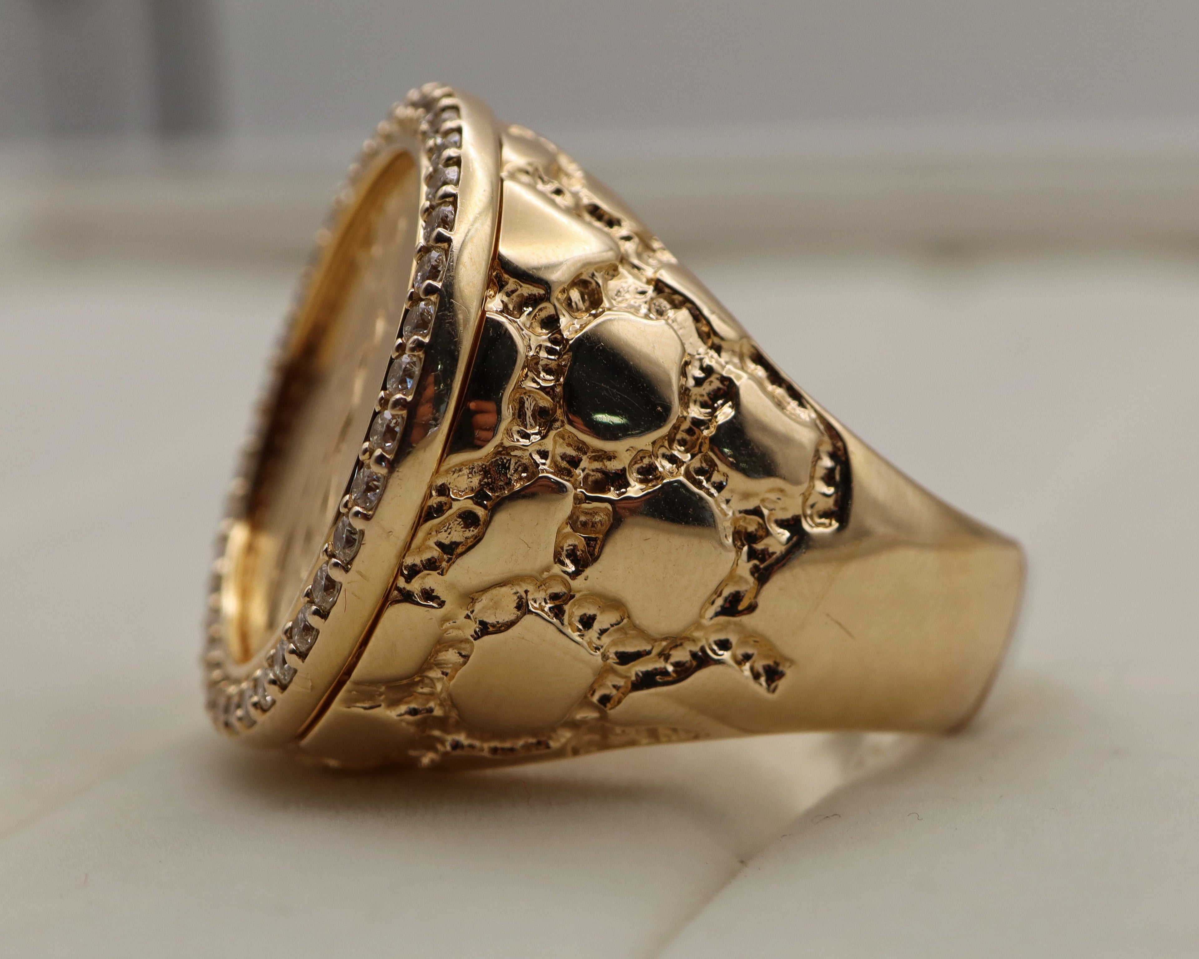 14k Yellow Gold Liberty Coin Diamond Nugget Ring