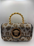 Versace La Medusa Crystal-Embellished Leopard Print Top Handle Bag