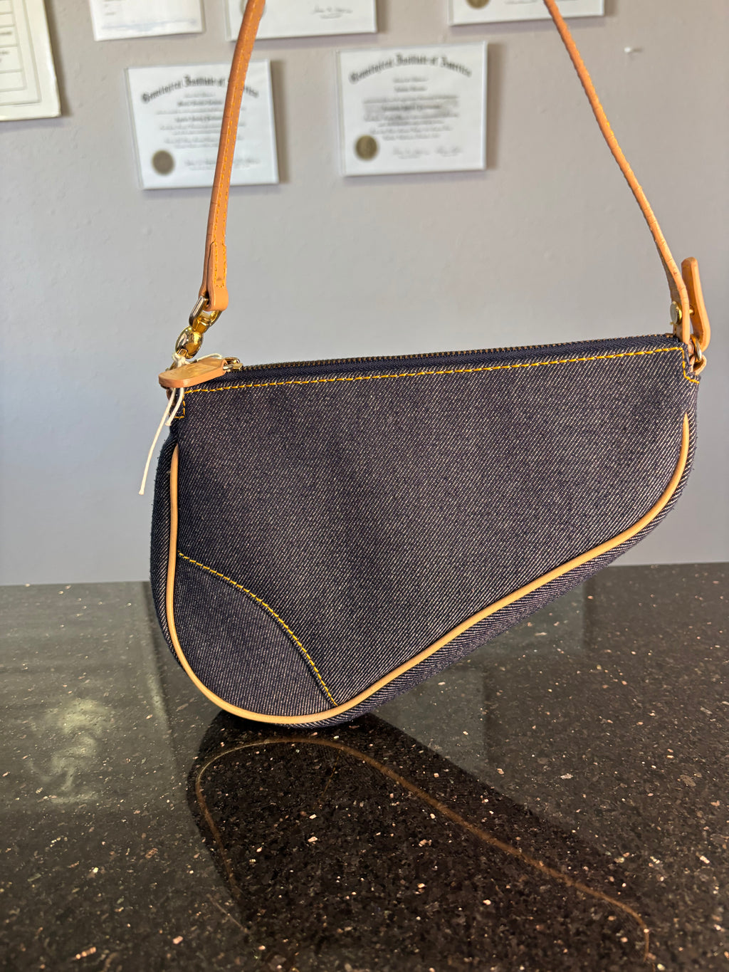 Christian Dior Denim Saddle Pochette Blue Jean Shoulder Bag Gold Hardware