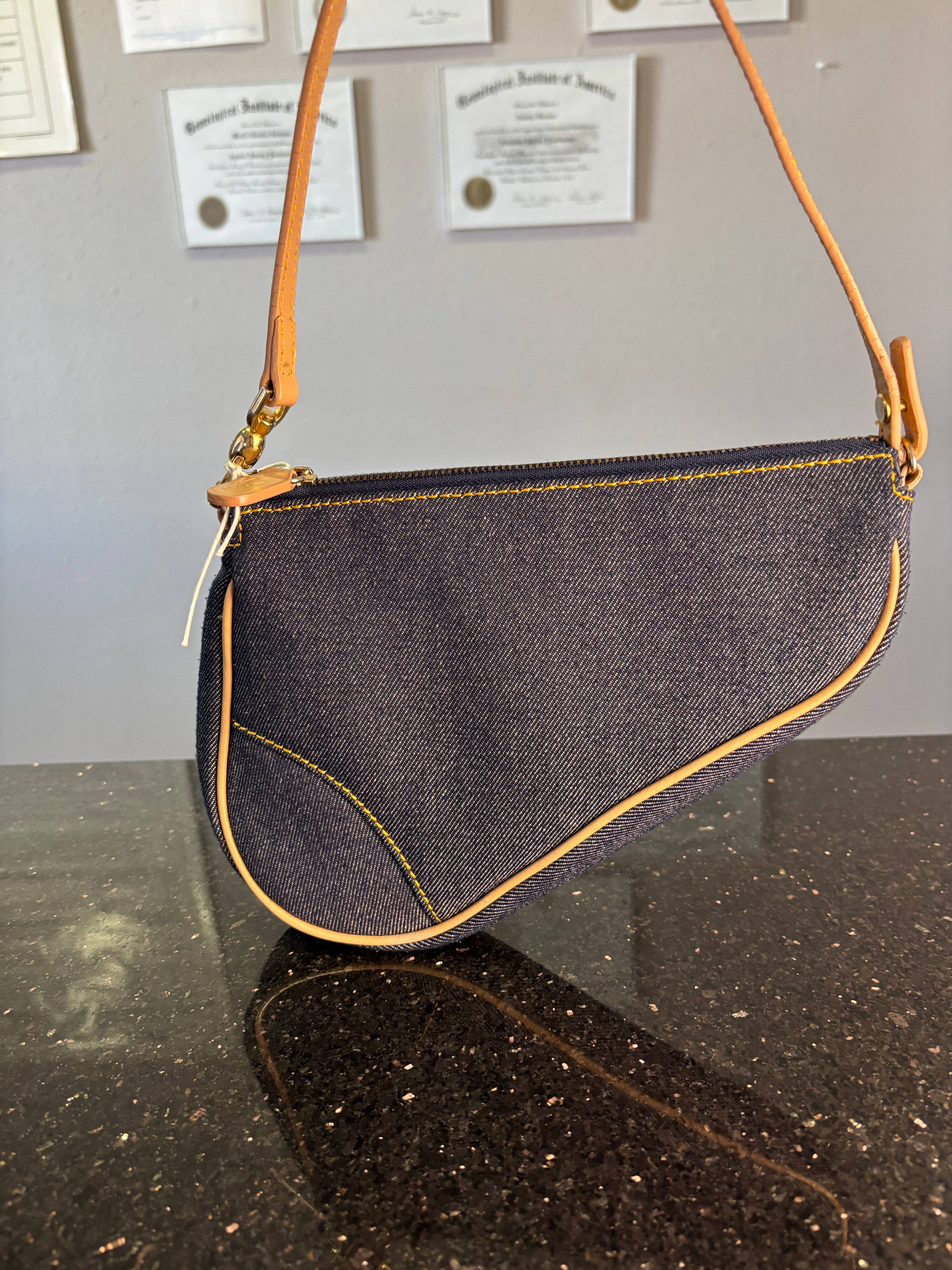 Christian Dior Denim Saddle Pochette Blue Jean Shoulder Bag Gold Hardware