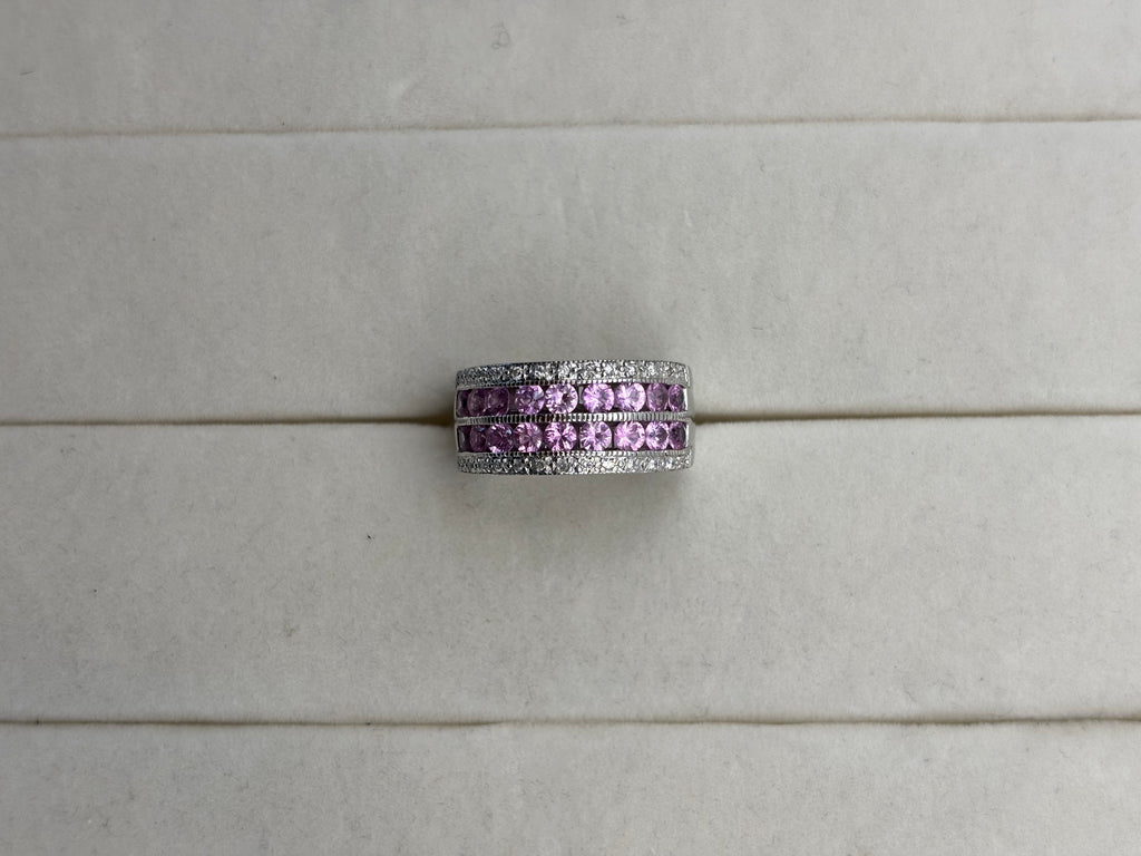 14K White Gold Pink Stone & Diamond Band Ring