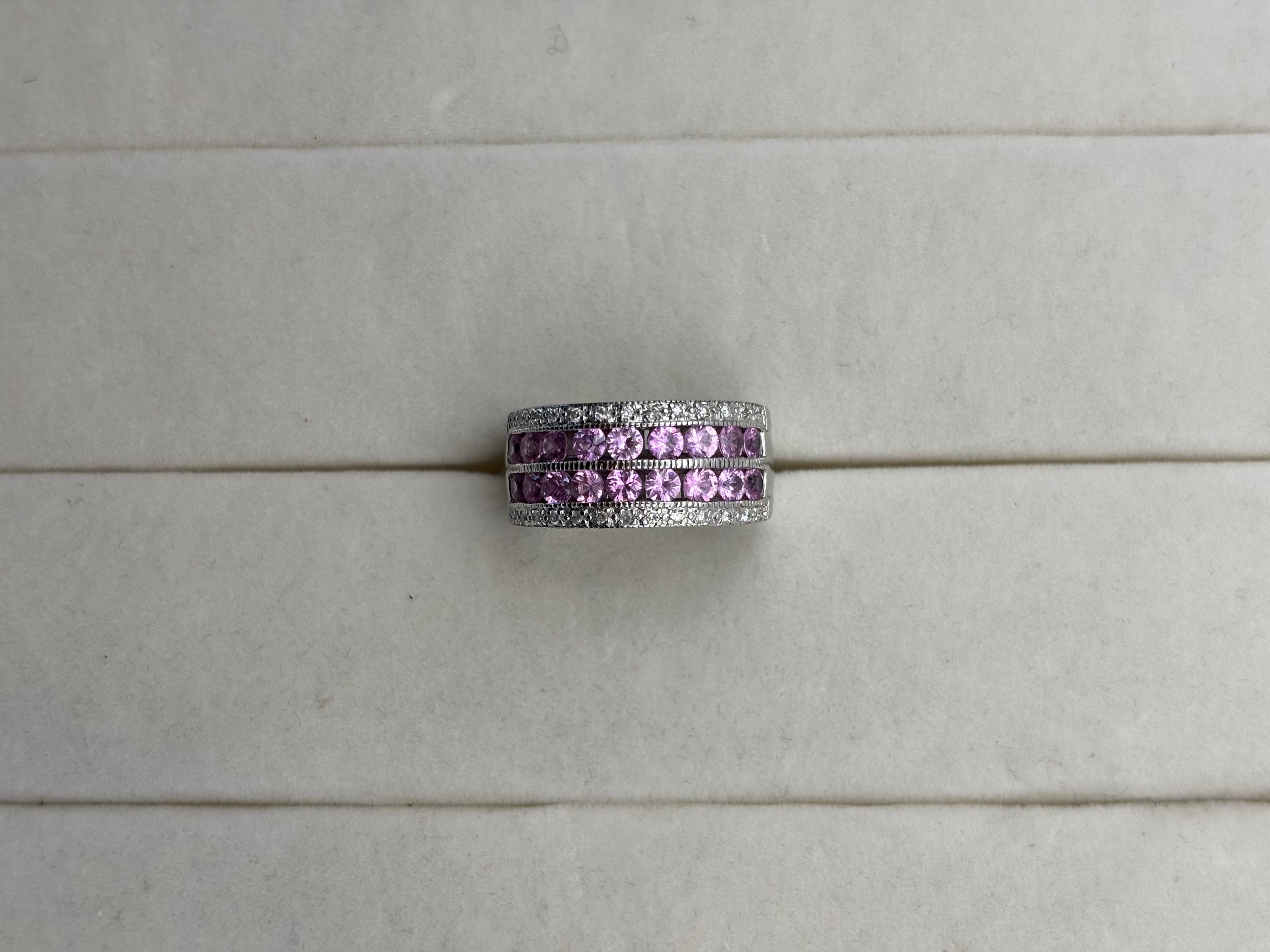 14K White Gold Pink Stone & Diamond Band Ring