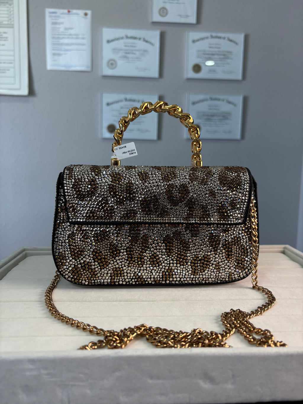 Versace La Medusa Crystal-Embellished Leopard Print Top Handle Bag