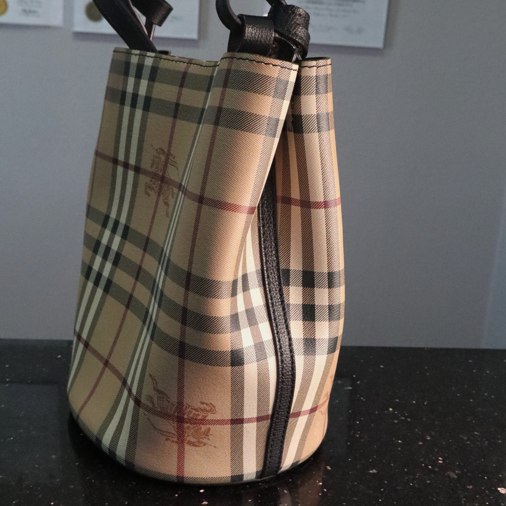 Burberry Haymarket Check Coated Canvas Lorne Bucket Bag - Beige/Brown