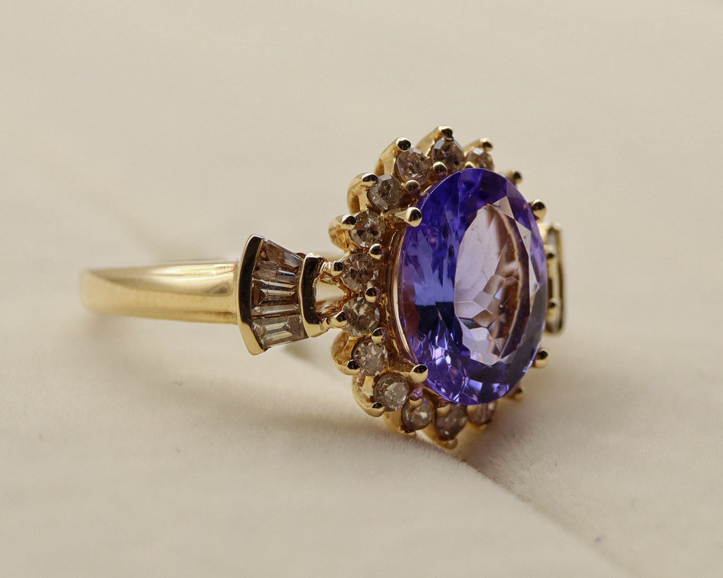 14k Yellow Gold Oval Purple Gemstone and Diamond Ring