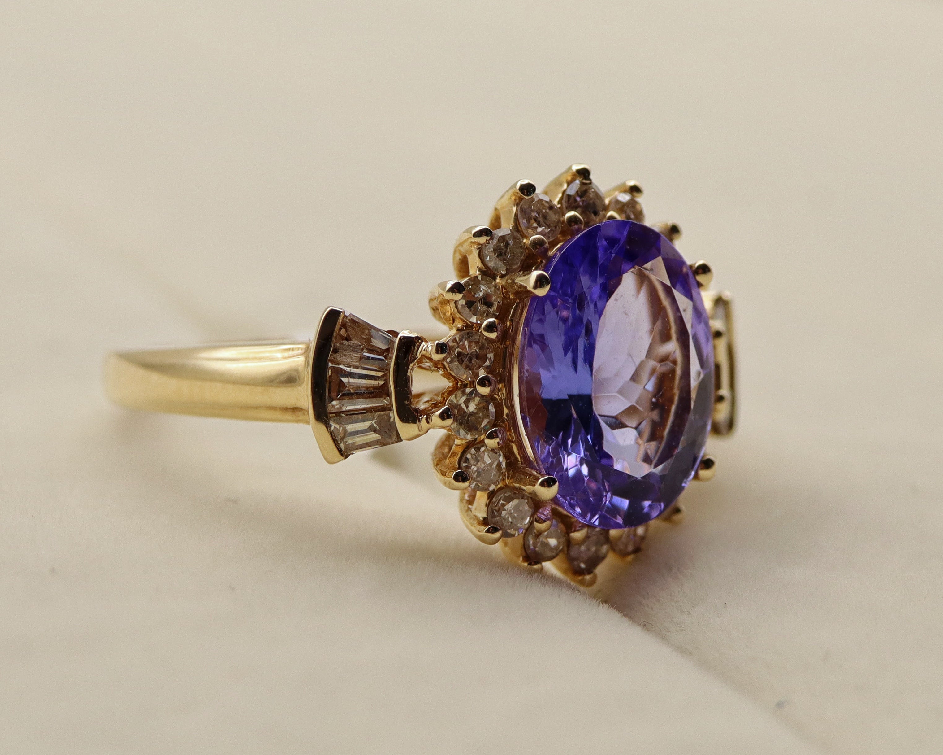 14k Yellow Gold Oval Purple Gemstone and Diamond Ring