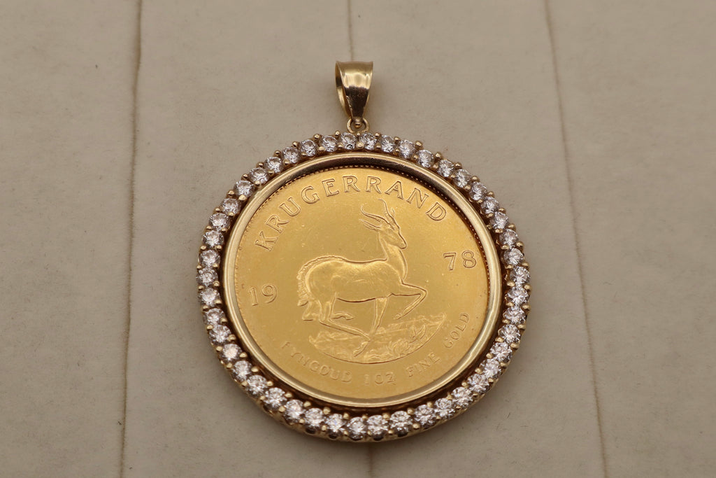 1978 1 oz Krugerrand Gold Coin Pendant in 14k Yellow Gold Accent Diamond Bezel