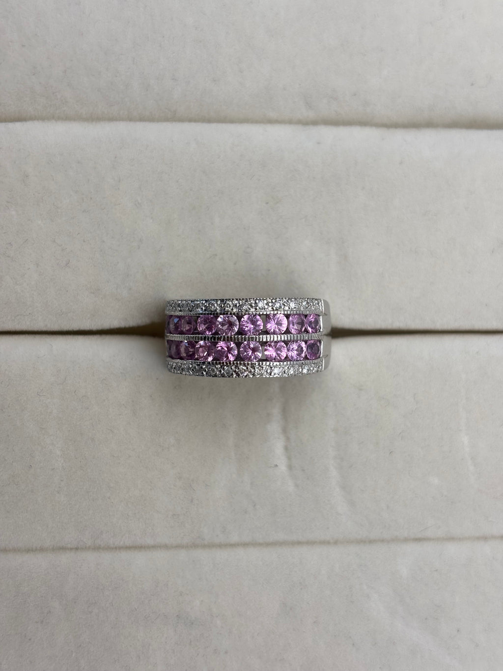 14K White Gold Pink Stone & Diamond Band Ring