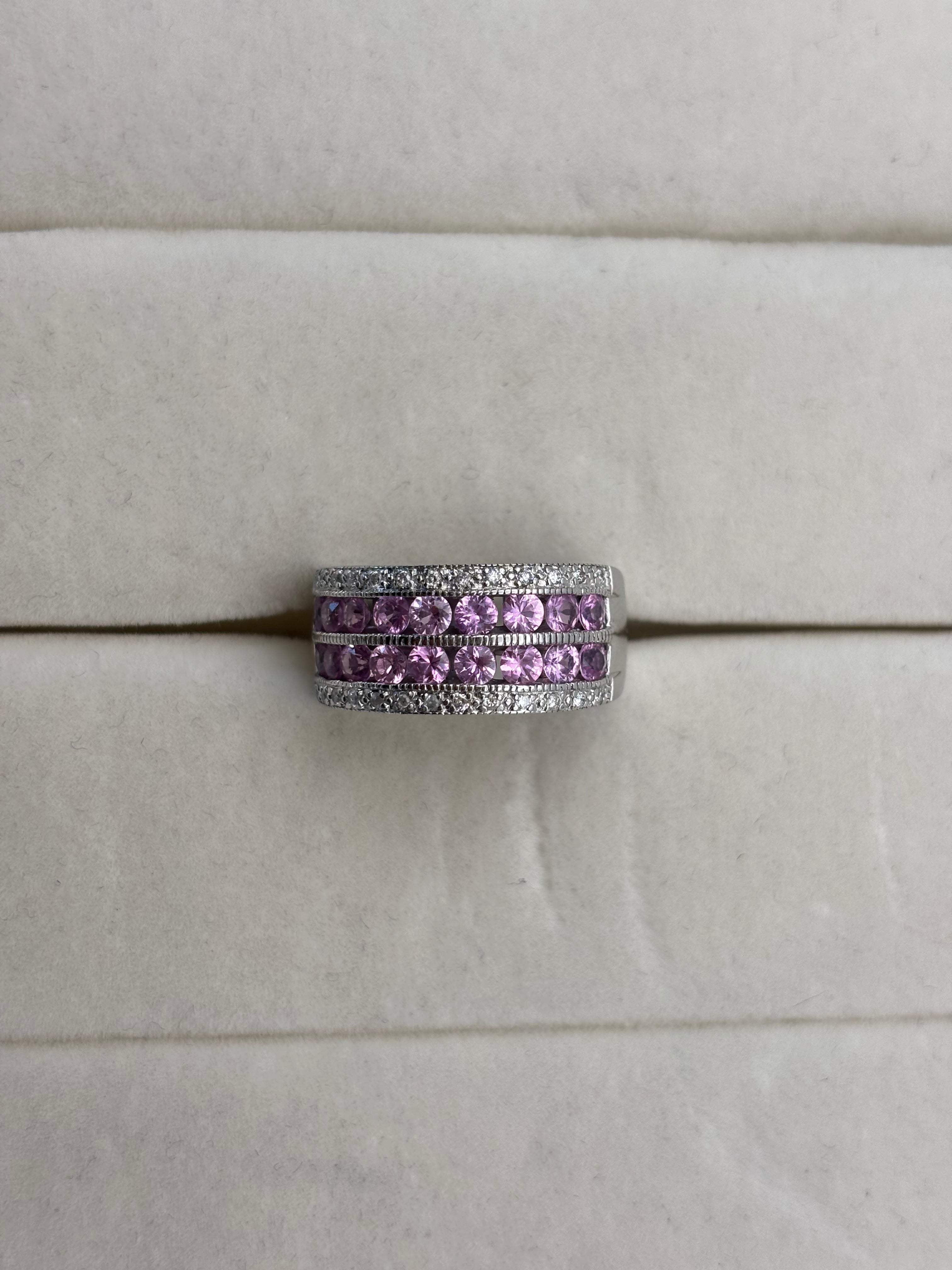 14K White Gold Pink Stone & Diamond Band Ring
