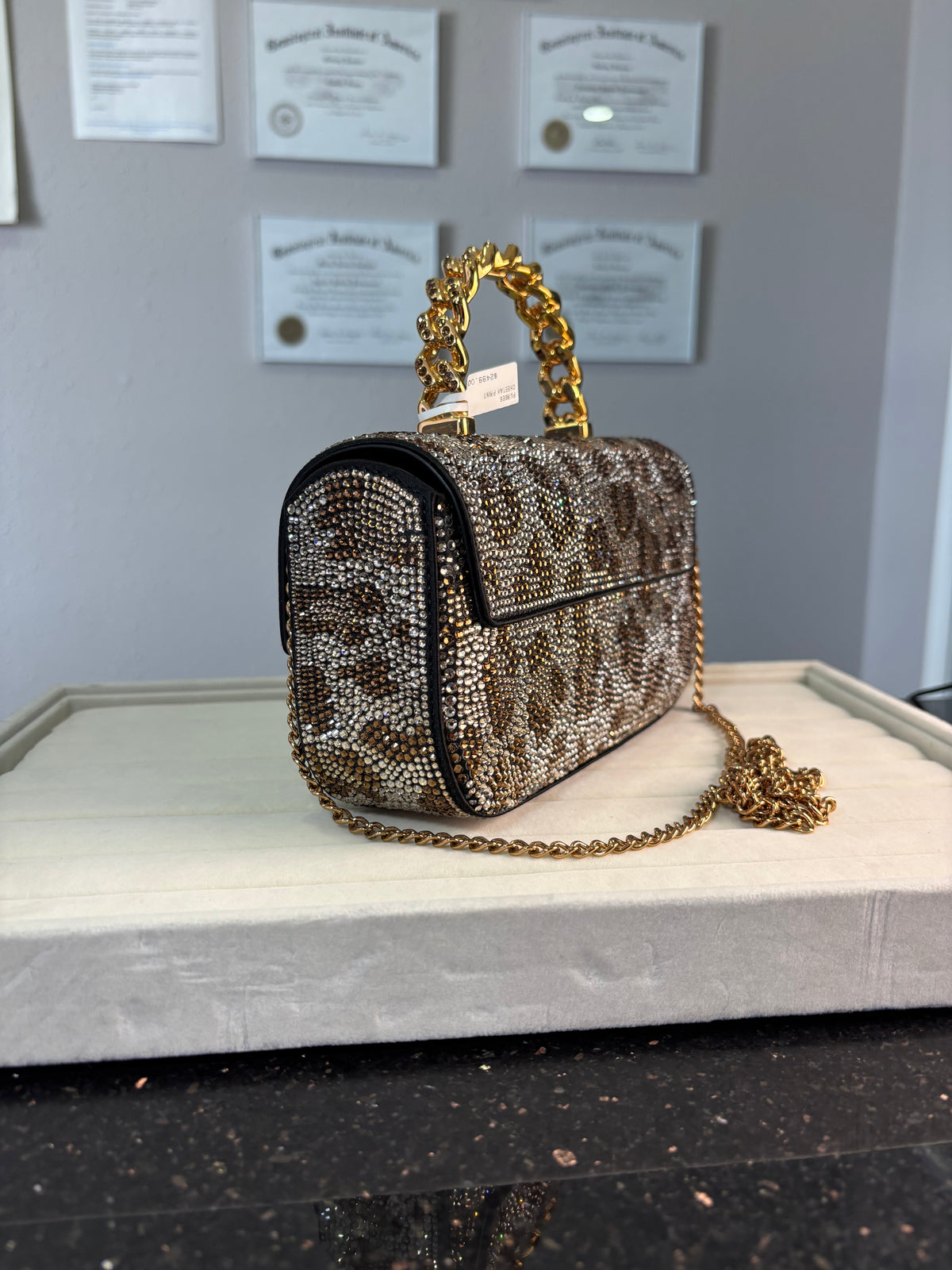 Versace La Medusa Crystal-Embellished Leopard Print Top Handle Bag