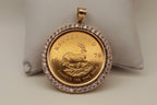 1978 1 oz Krugerrand Gold Coin Pendant in 14k Yellow Gold Accent Diamond Bezel