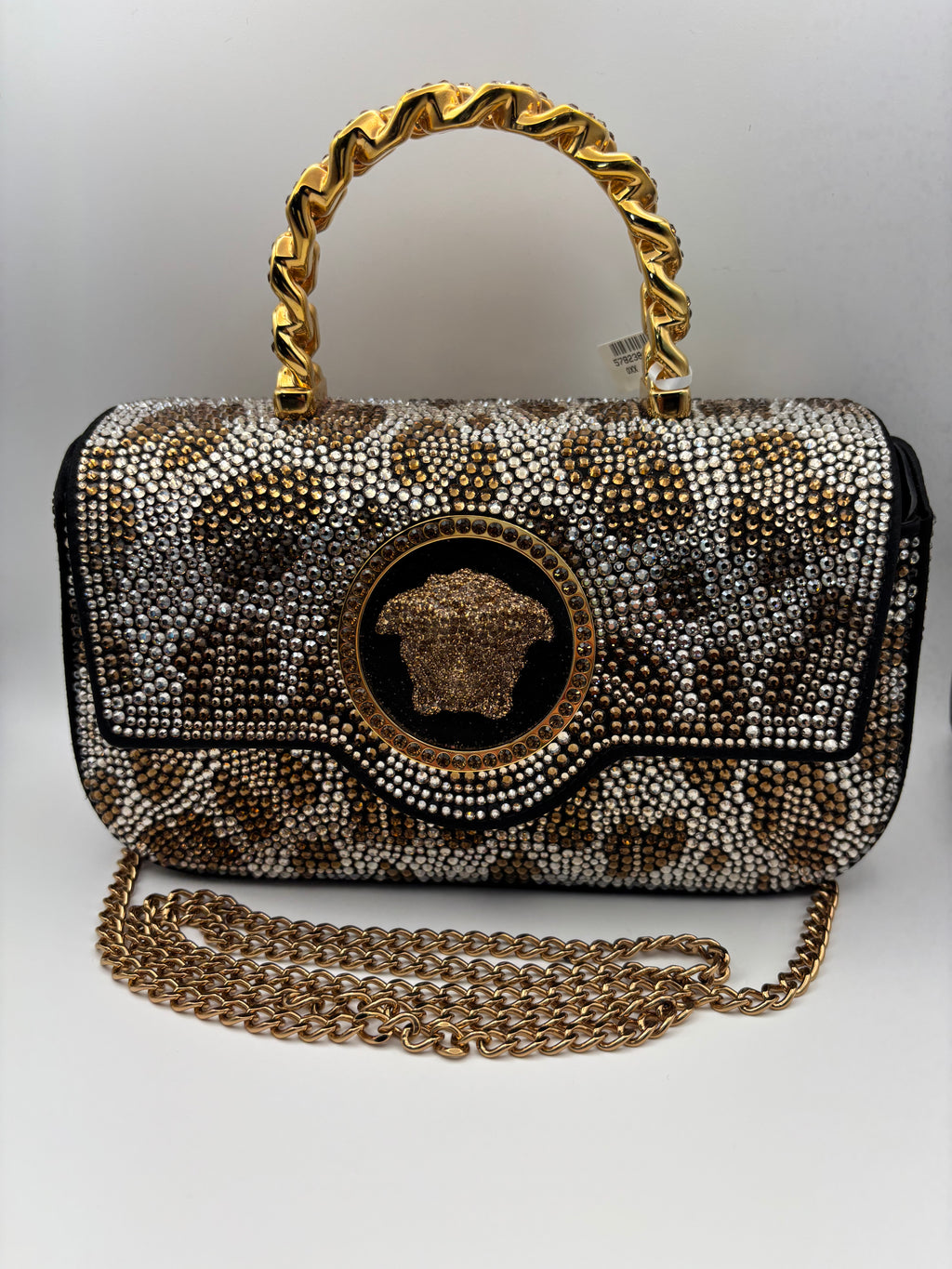 Versace La Medusa Crystal-Embellished Leopard Print Top Handle Bag