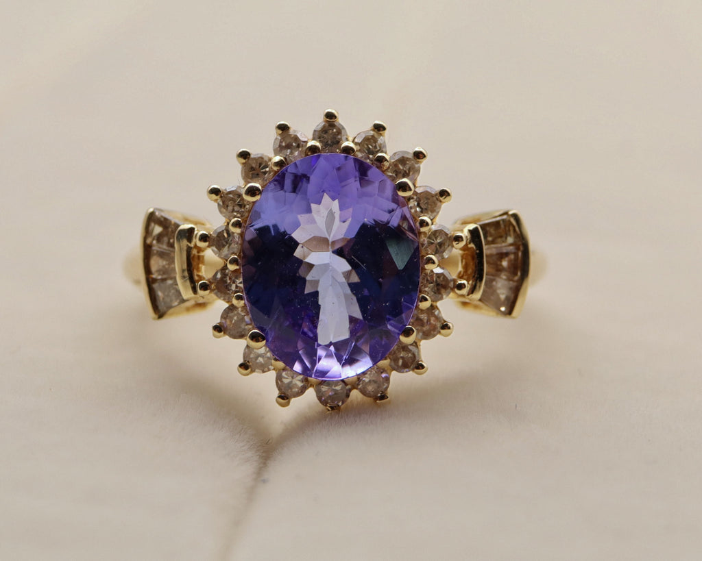 14k Yellow Gold Oval Purple Gemstone and Diamond Ring