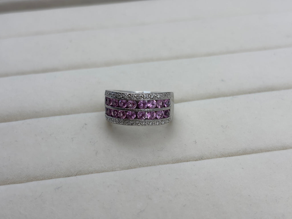 14K White Gold Pink Stone & Diamond Band Ring