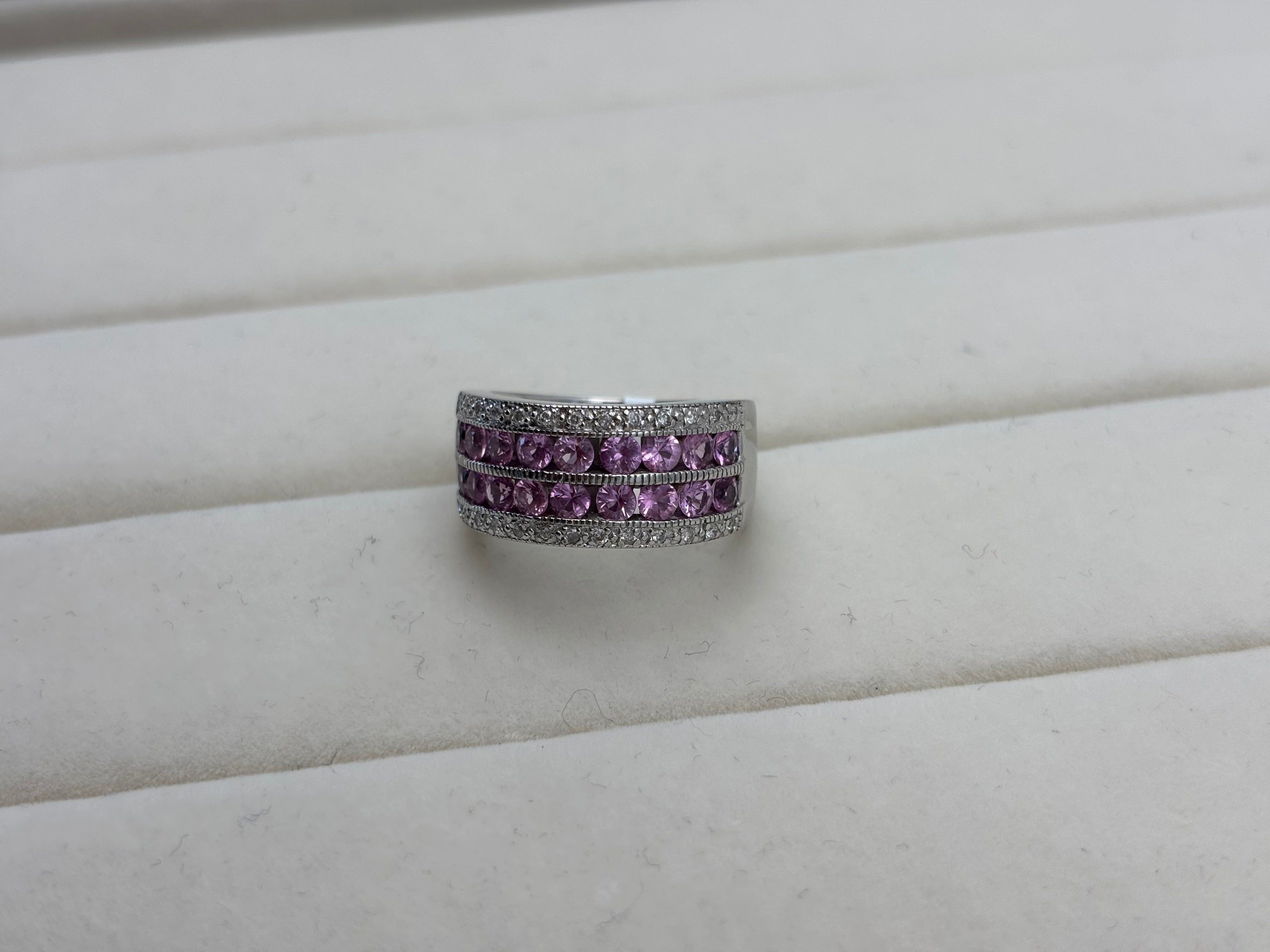14K White Gold Pink Stone & Diamond Band Ring