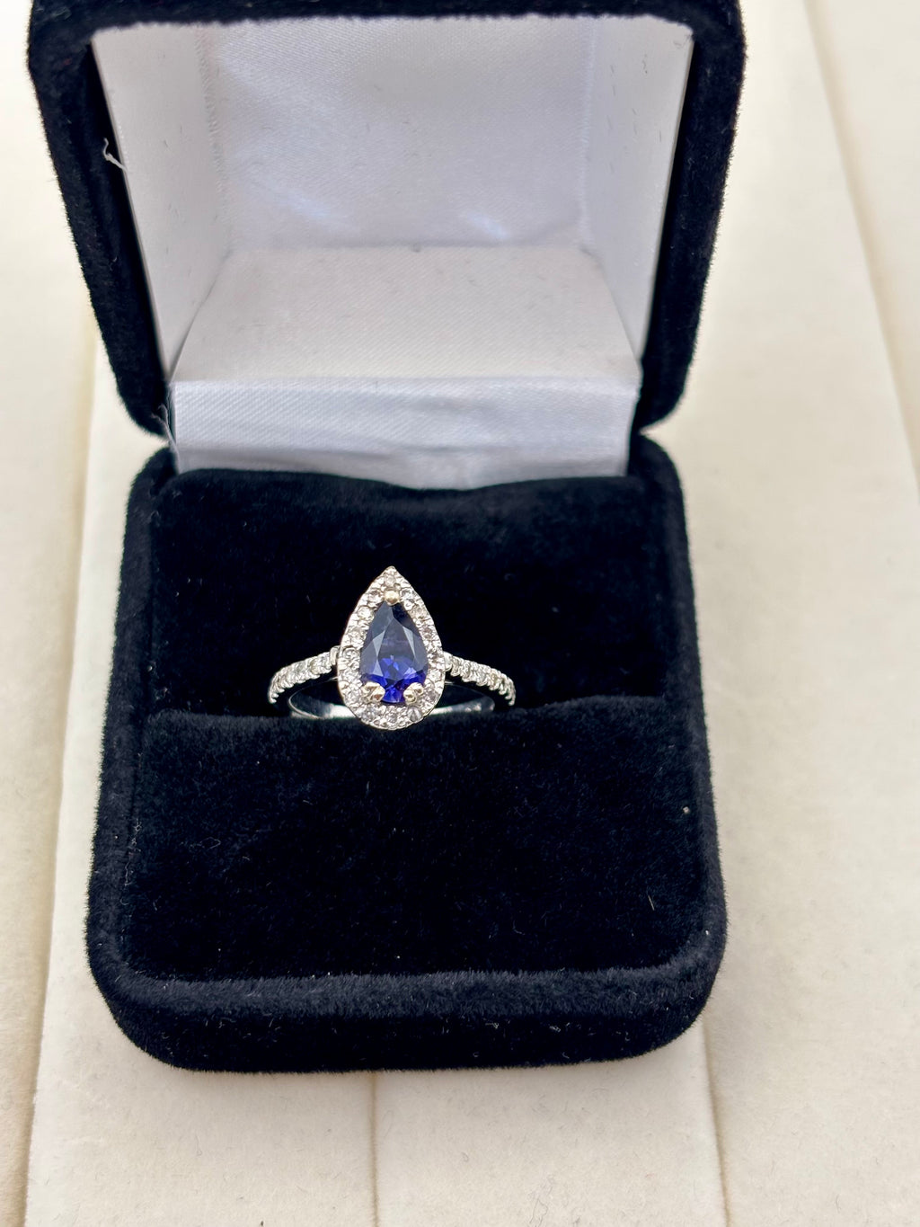 14K White Gold Pear-Shaped Sapphire Diamond Ring