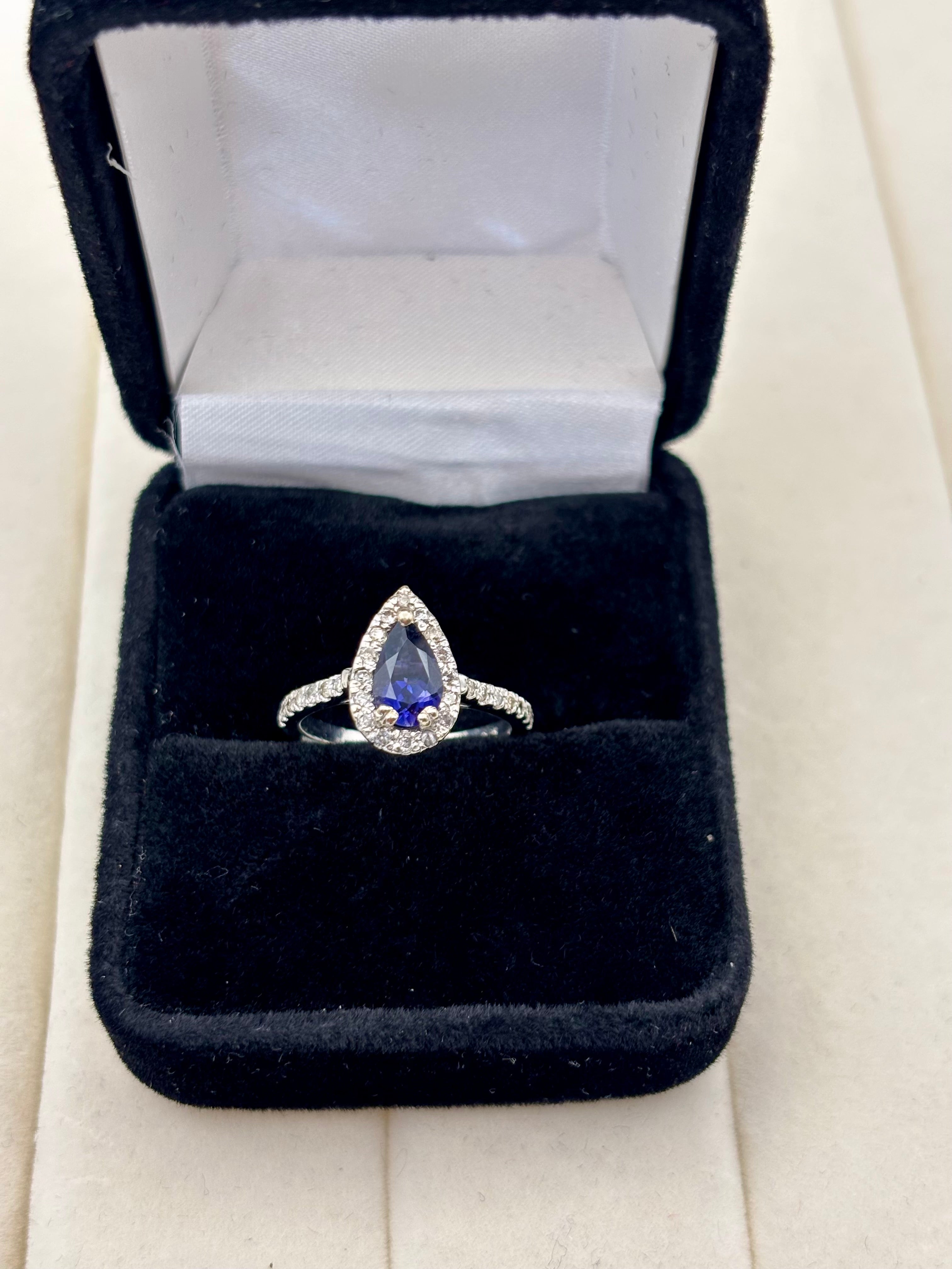 14K White Gold Pear-Shaped Sapphire Diamond Ring