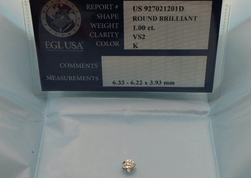 1.00 Carat Round Brilliant Diamond – K Color VS2 Clarity (EGL USA Certified)