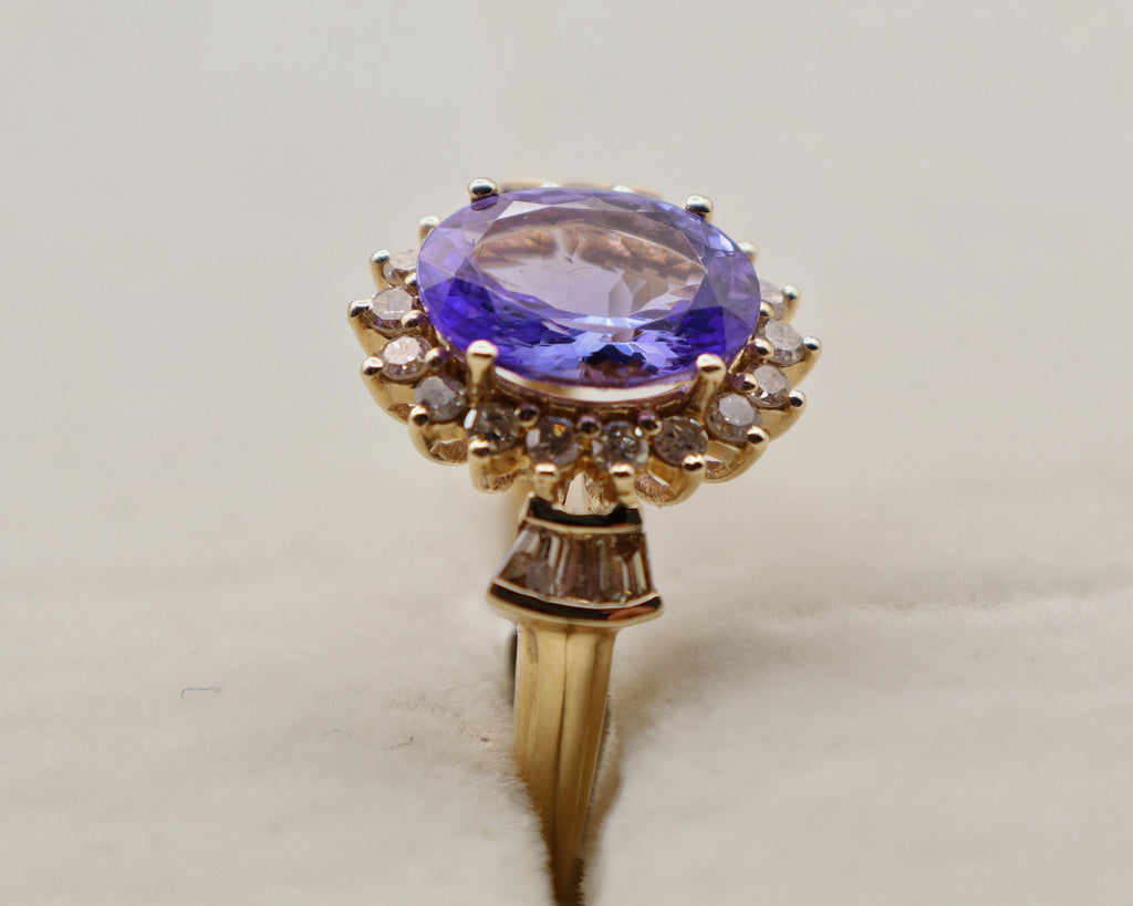14k Yellow Gold Oval Purple Gemstone and Diamond Ring