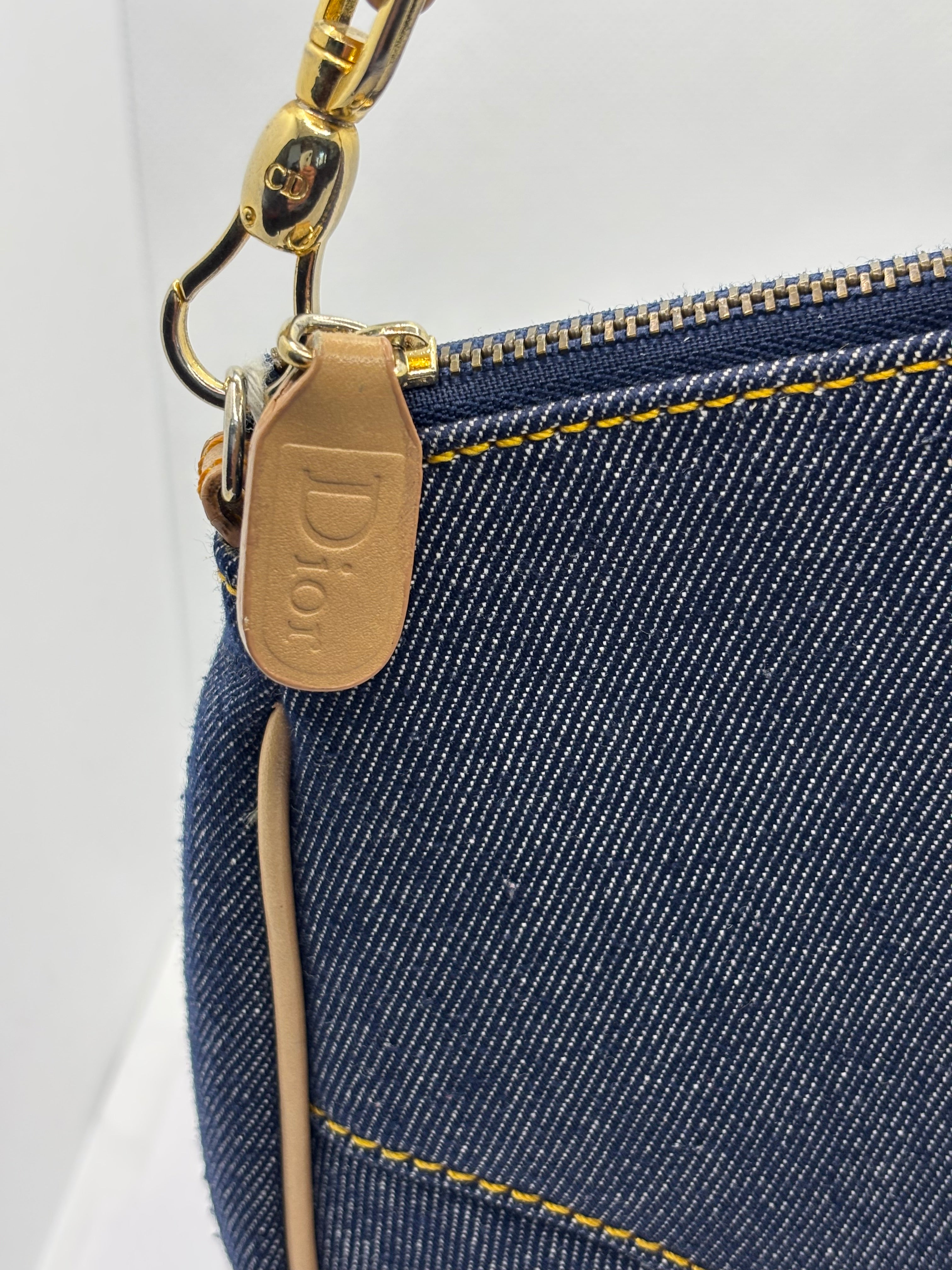 Christian Dior Denim Saddle Pochette Blue Jean Shoulder Bag Gold Hardware
