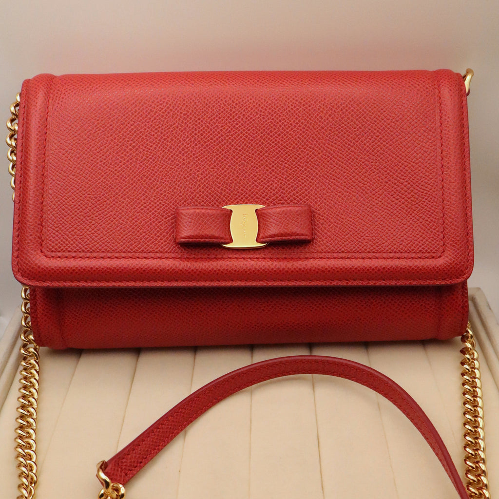 Salvatore Ferragamo Red Textured Leather Vara Crossbody Purse