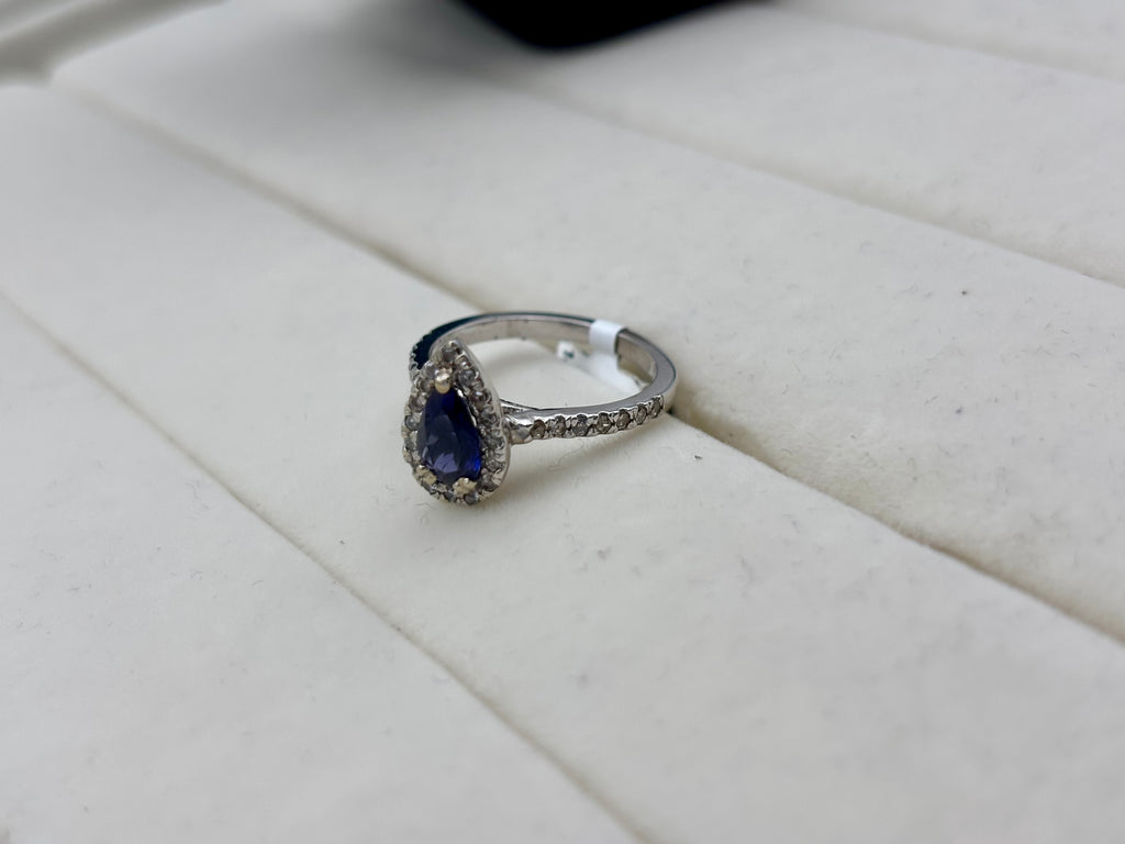 14K White Gold Pear-Shaped Sapphire Diamond Ring