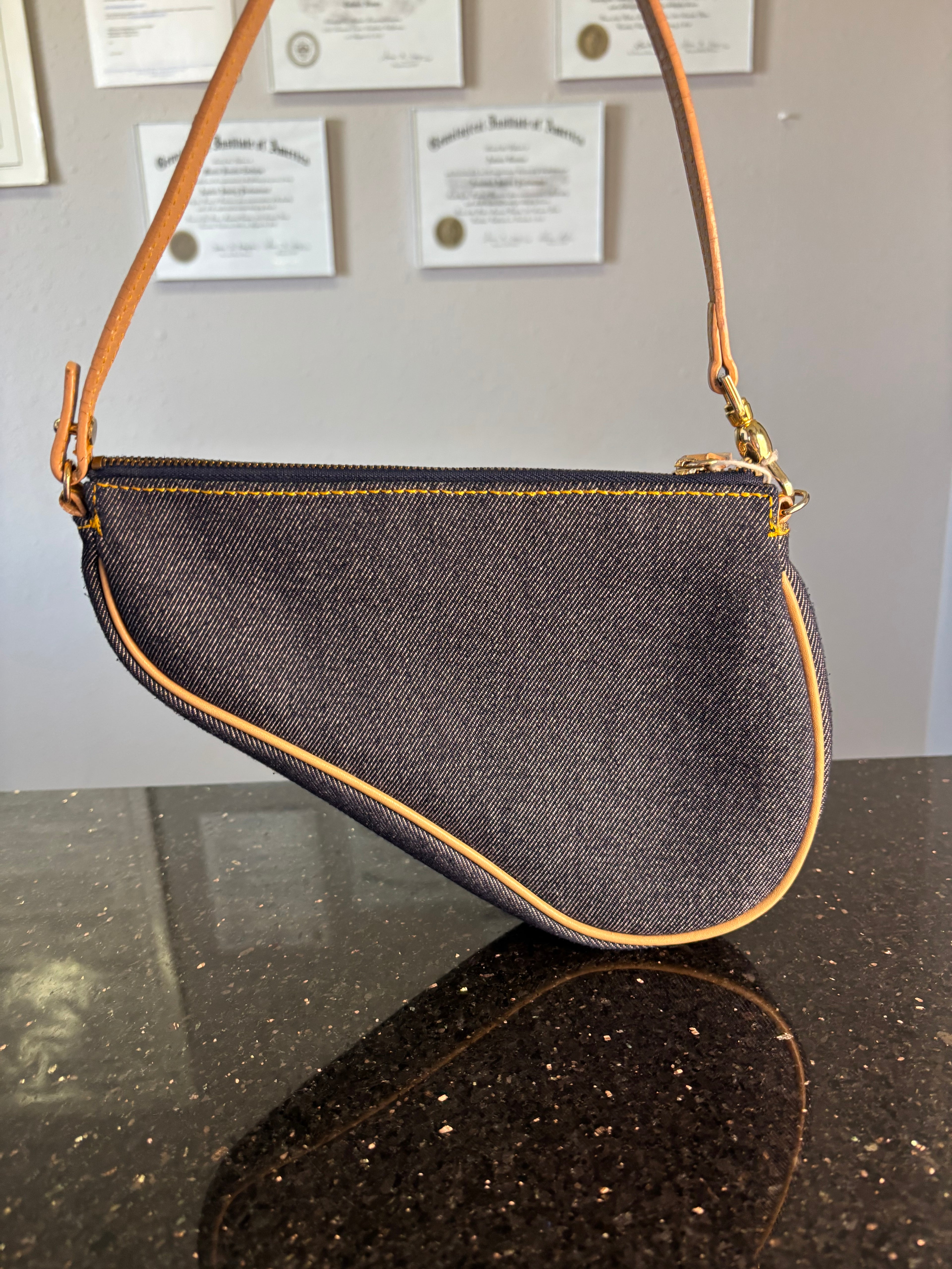 Christian Dior Denim Saddle Pochette Blue Jean Shoulder Bag Gold Hardware