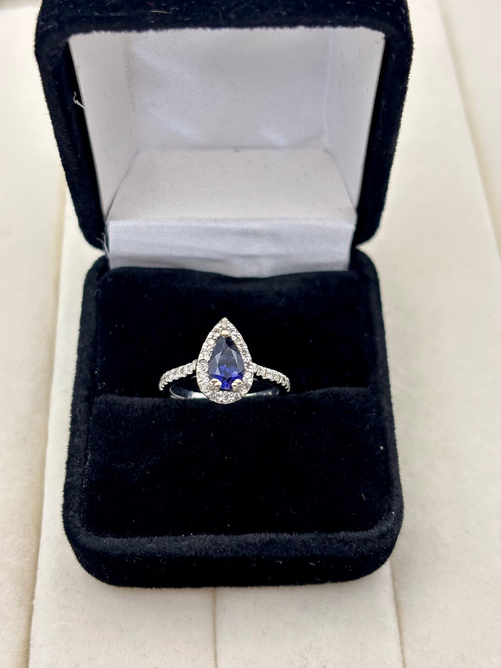 14K White Gold Pear-Shaped Sapphire Diamond Ring