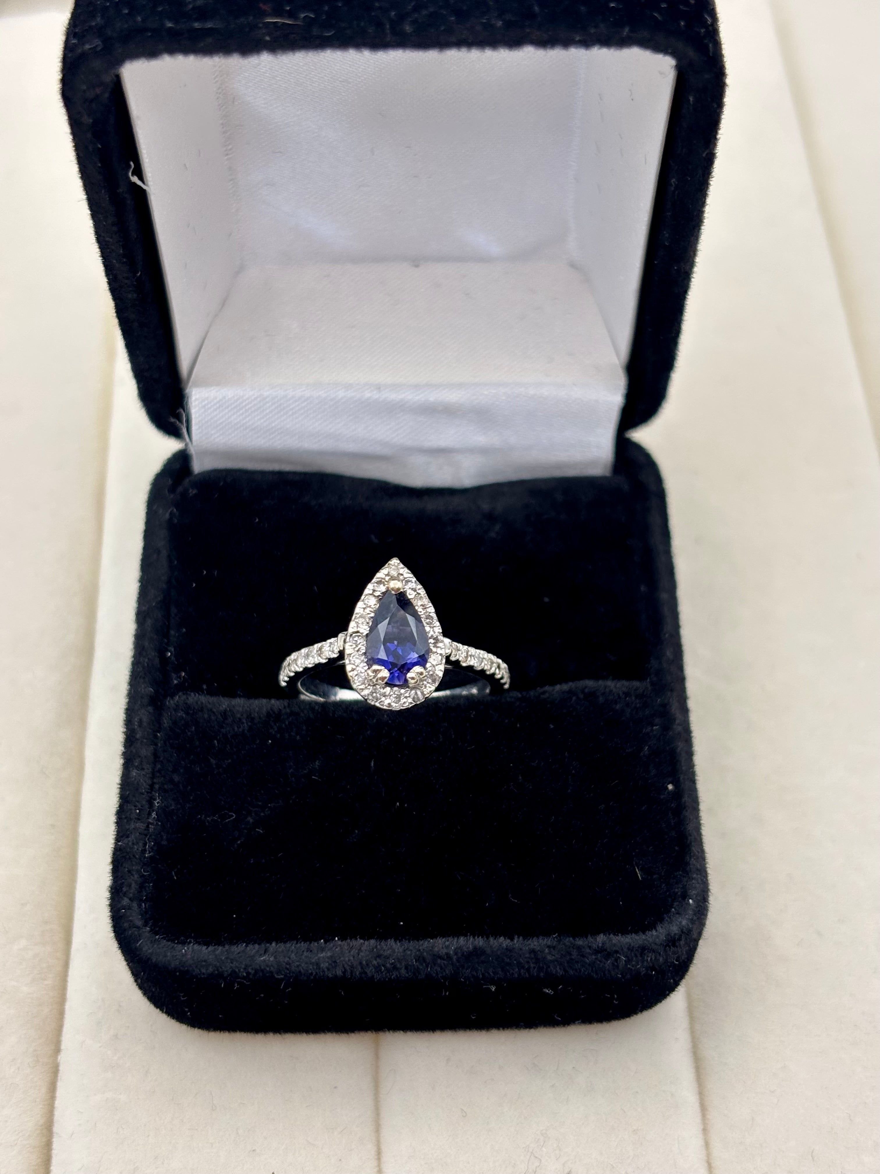 14K White Gold Pear-Shaped Sapphire Diamond Ring