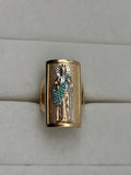 14K Gold Green Stone Figural Signet Ring