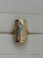 14K Gold Green Stone Figural Signet Ring