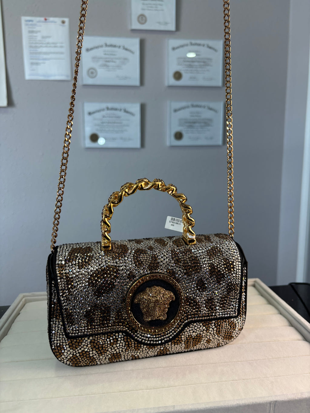 Versace La Medusa Crystal-Embellished Leopard Print Top Handle Bag