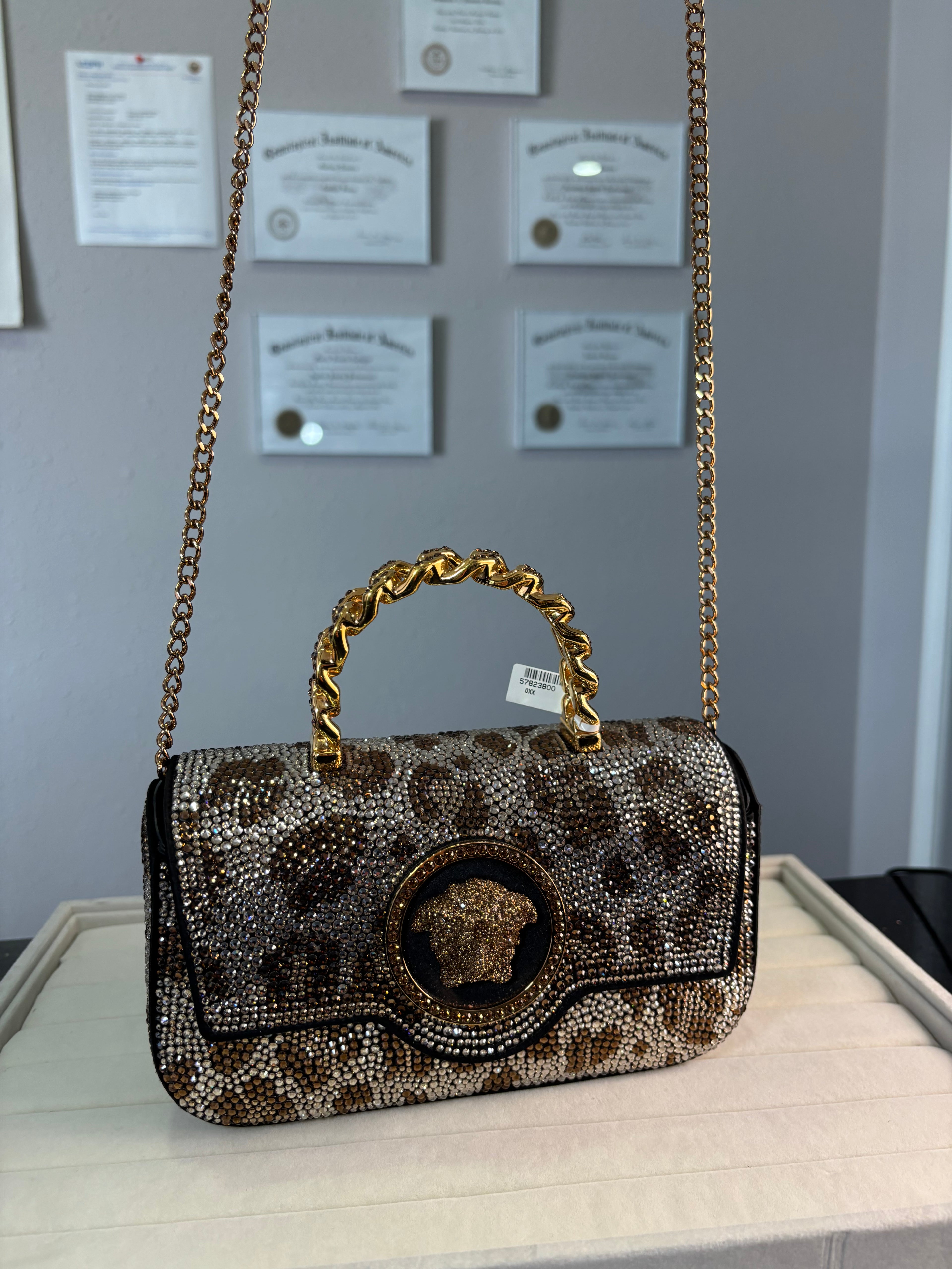 Versace La Medusa Crystal-Embellished Leopard Print Top Handle Bag