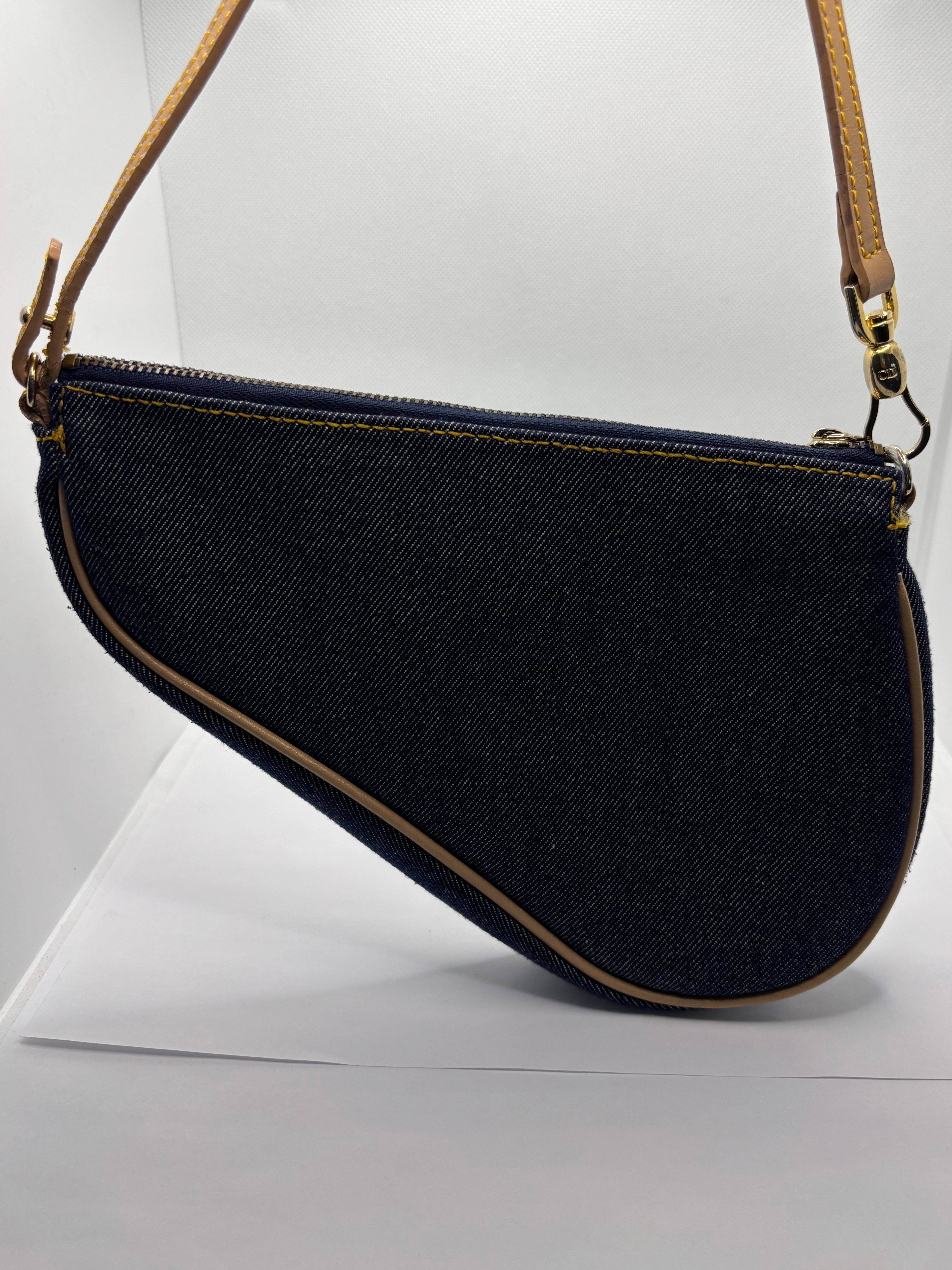 Christian Dior Denim Saddle Pochette Blue Jean Shoulder Bag Gold Hardware