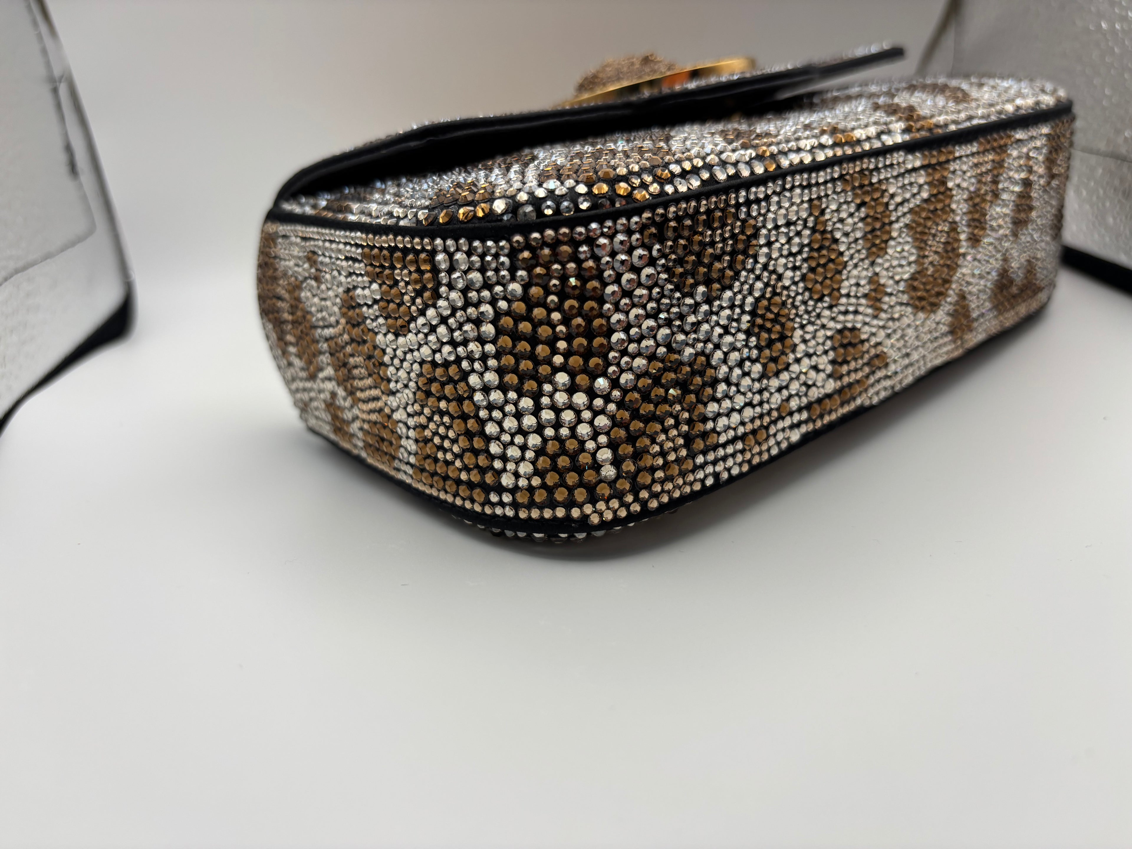 Versace La Medusa Crystal-Embellished Leopard Print Top Handle Bag
