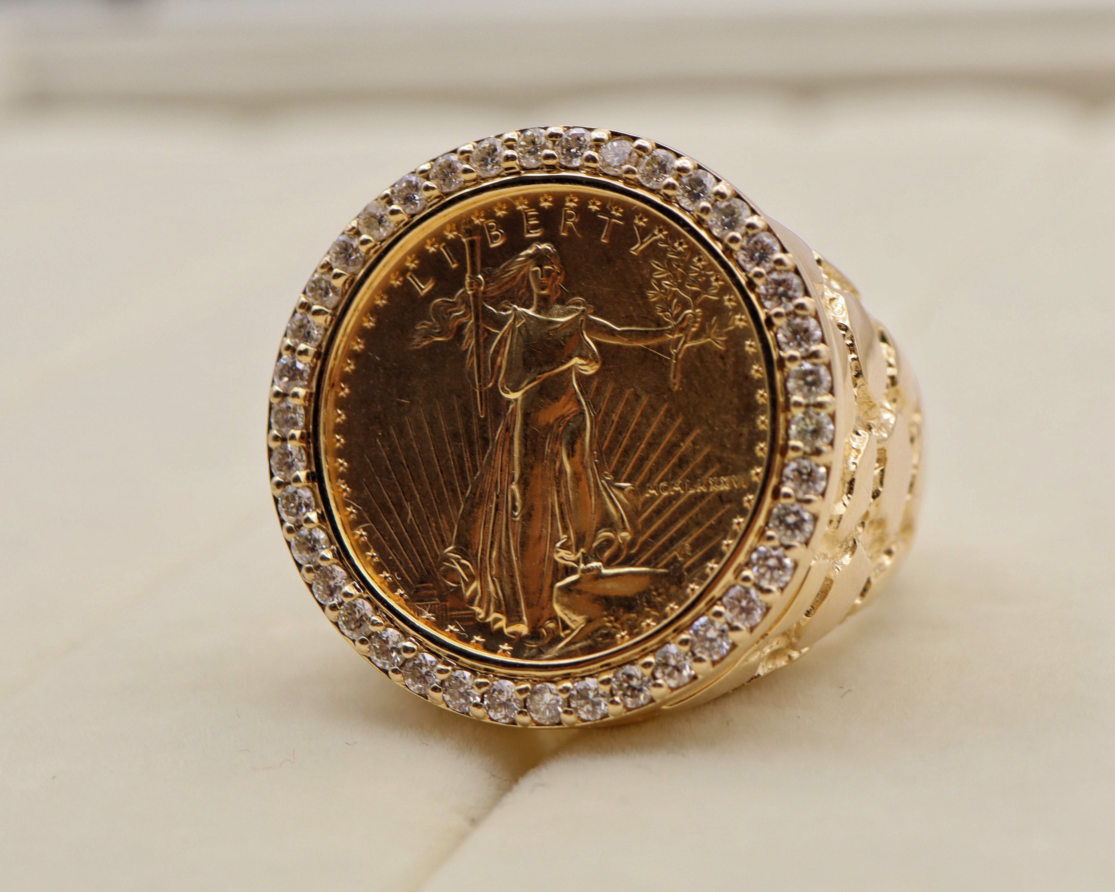 14k Yellow Gold Liberty Coin Diamond Nugget Ring