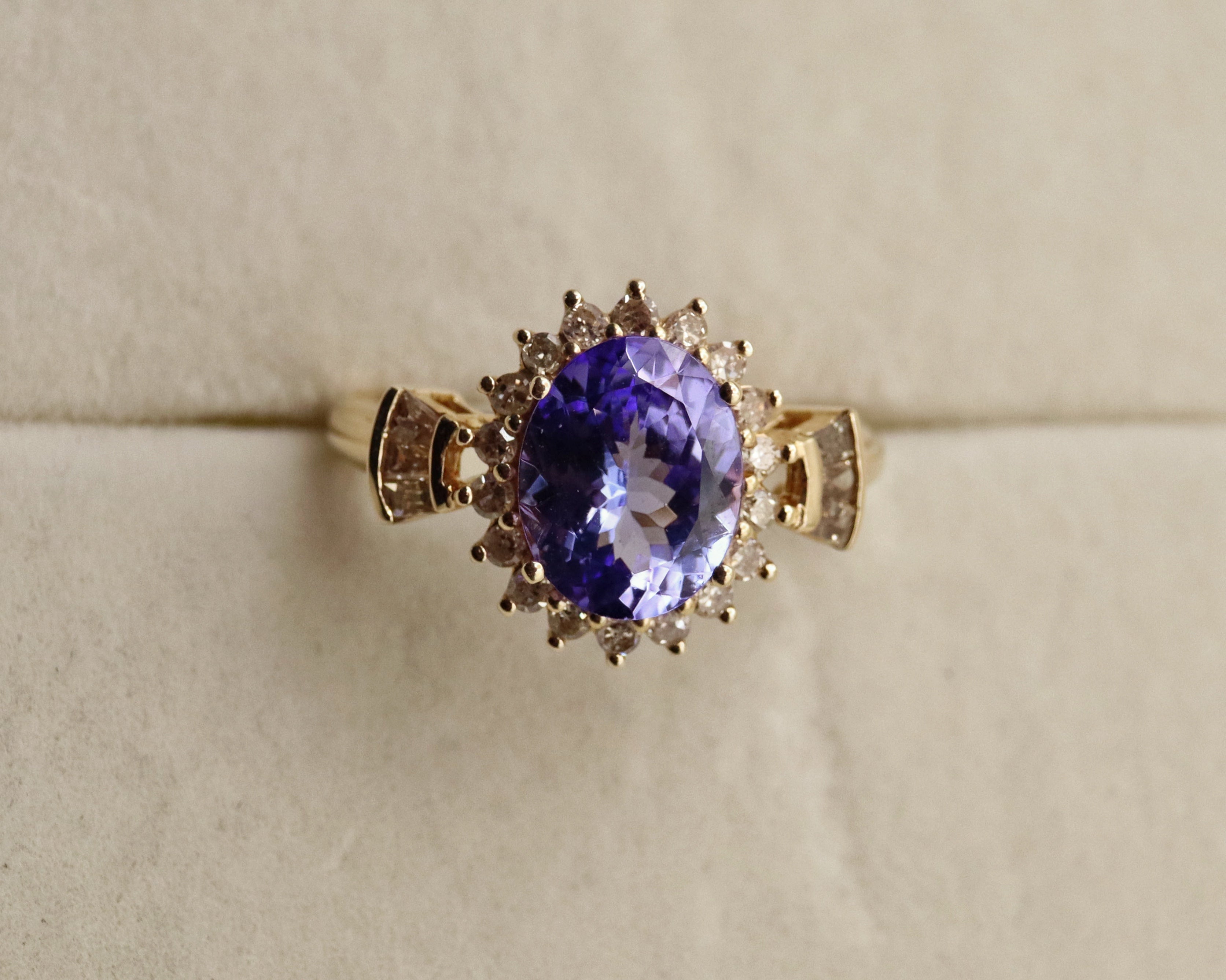 14k Yellow Gold Oval Purple Gemstone and Diamond Ring