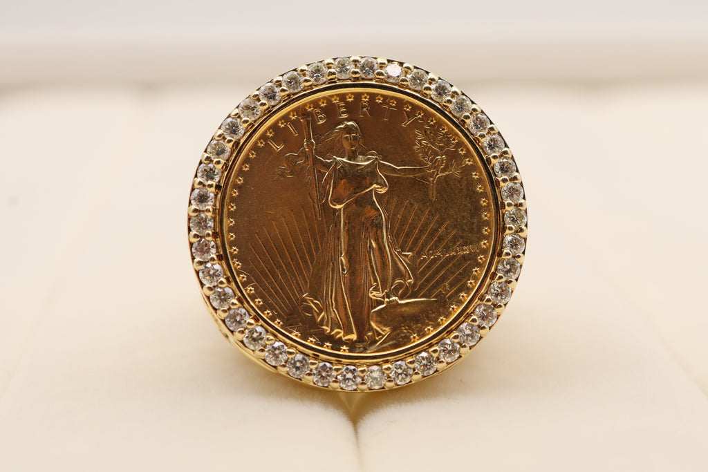 14k Yellow Gold Liberty Coin Diamond Nugget Ring