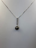 14K White Gold Black Pearl Diamond Pendant Necklace