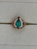 18K Gold Pear-Shaped Emerald Ring with Diamond and Pink Stone Accents