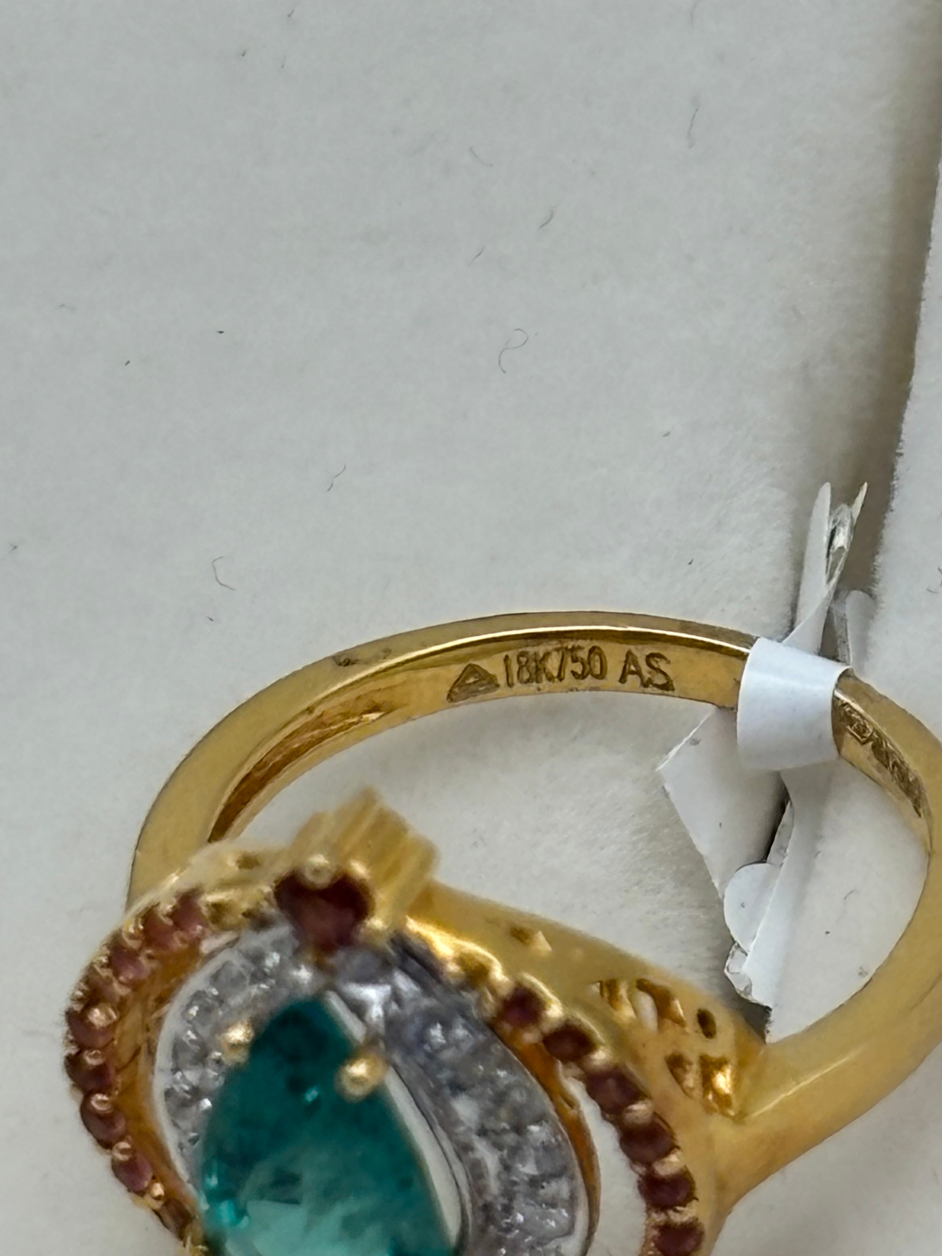 18K Gold Pear-Shaped Emerald Ring with Diamond and Pink Stone Accents