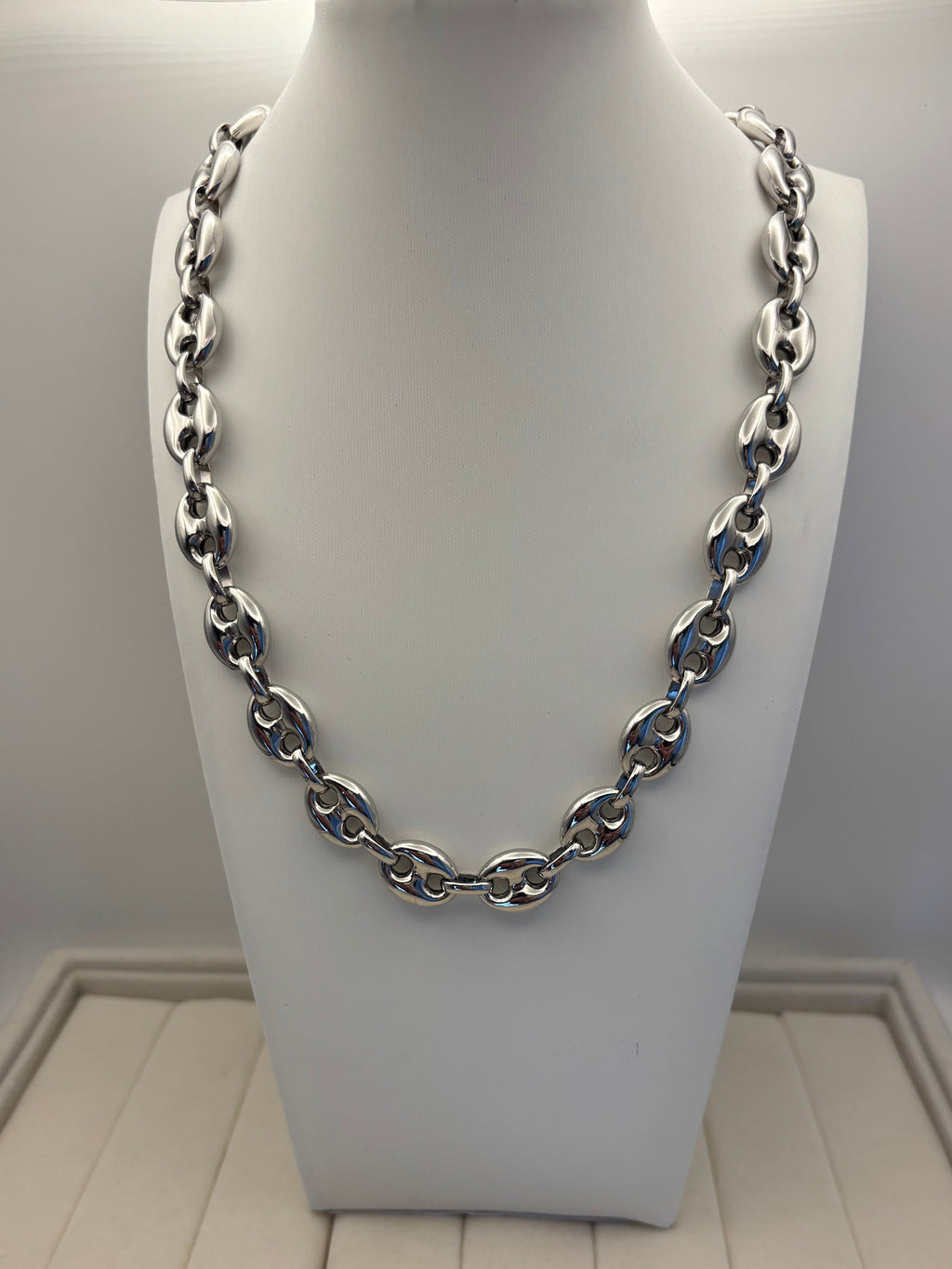 Large 925 Sterling Silver Puff Link Necklace