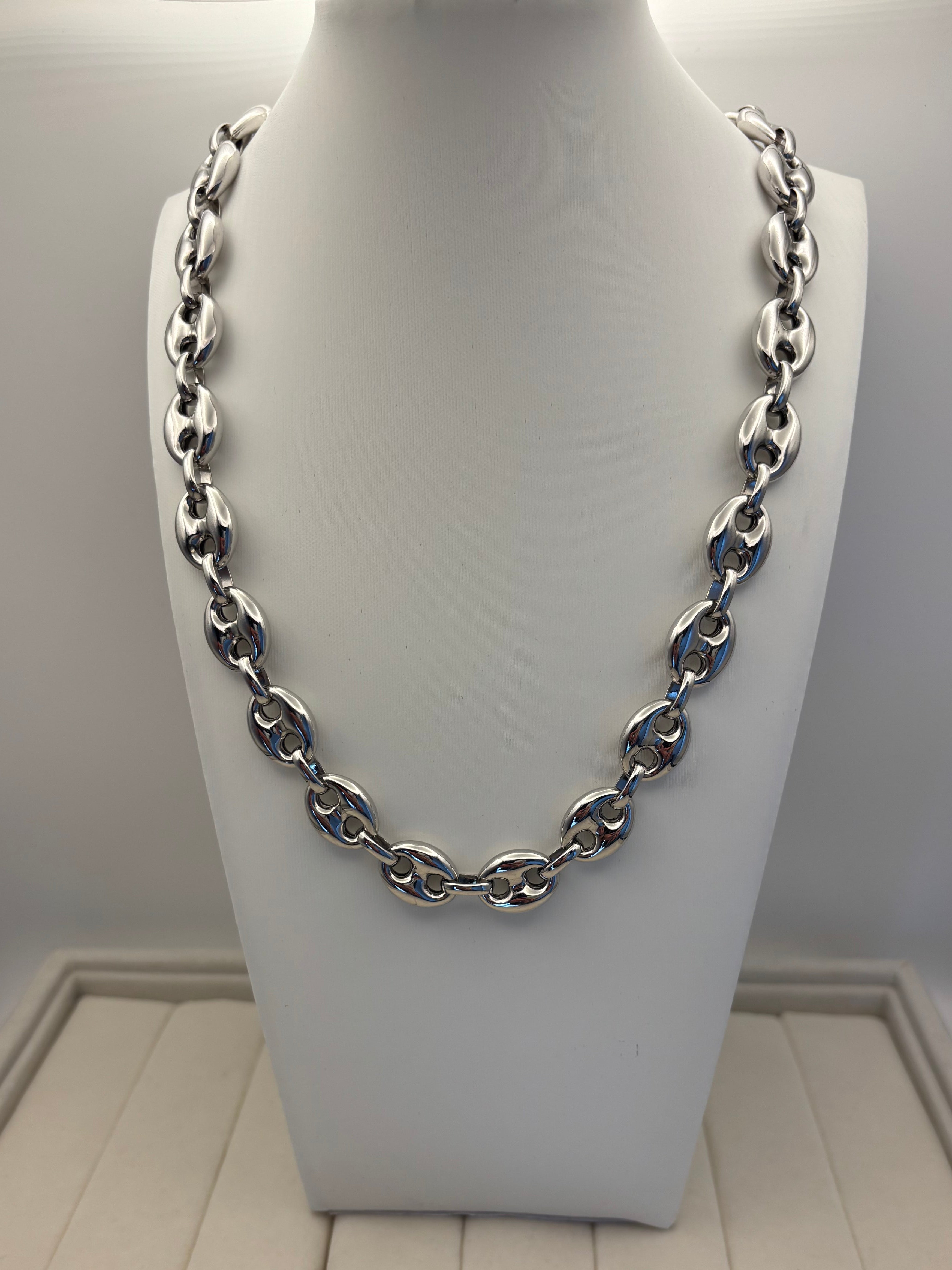 Large 925 Sterling Silver Puff Link Necklace