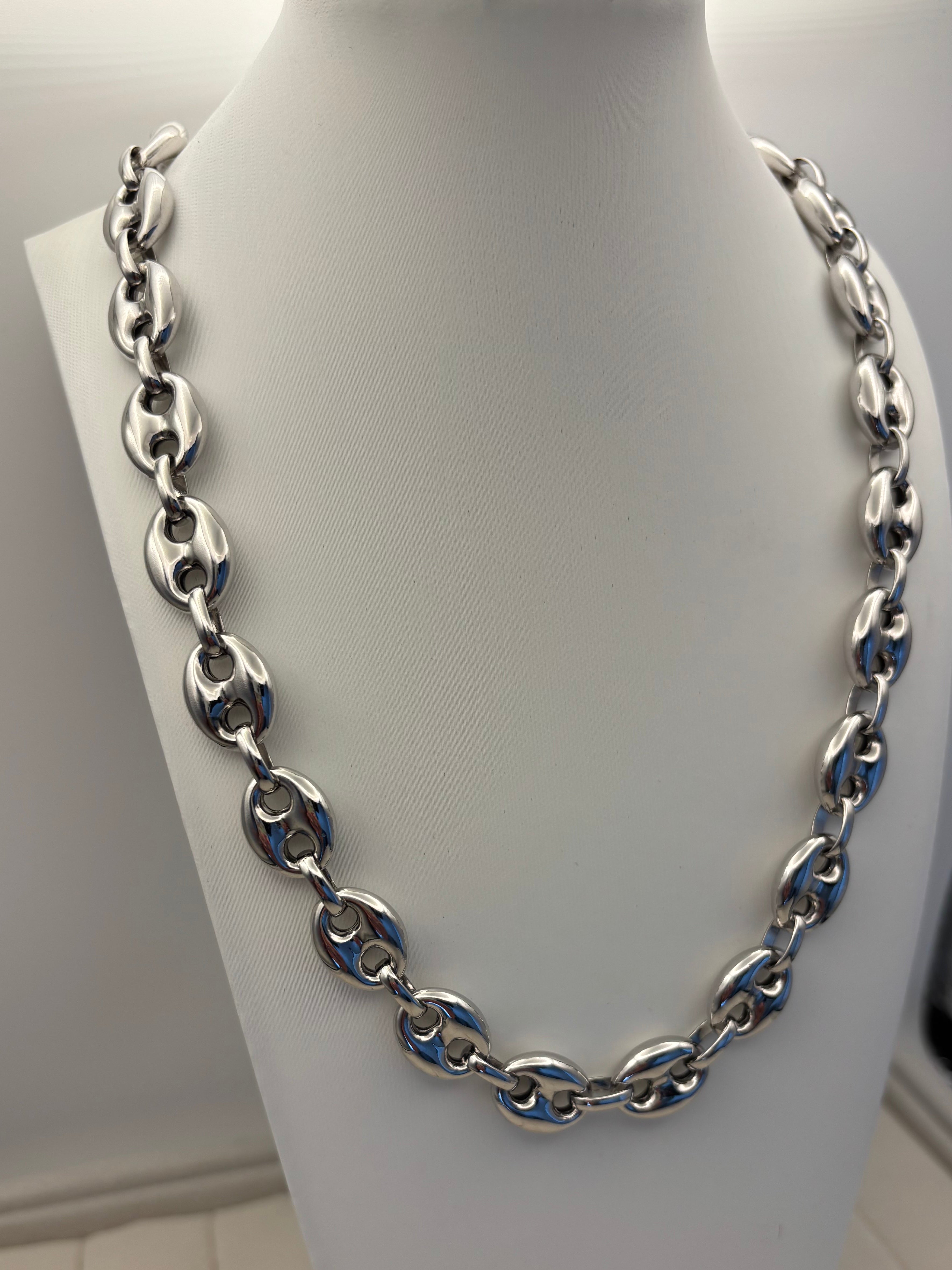 Large 925 Sterling Silver Puff Link Necklace